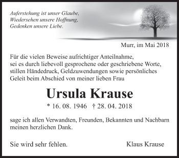 Traueranzeige von Ursula Krause von Marbacher Zeitung