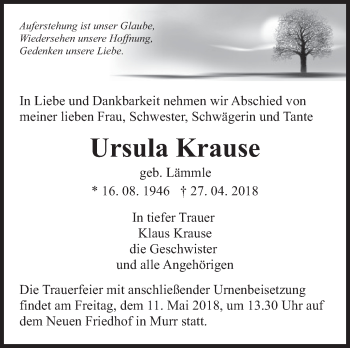 Traueranzeige von Ursula Krause von Marbacher Zeitung
