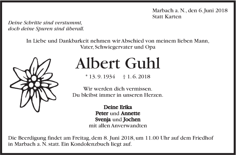  Traueranzeige für Albert Guhl vom 06.06.2018 aus Marbacher Zeitung