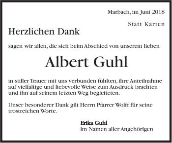 Traueranzeige von Albert Guhl von Marbacher Zeitung
