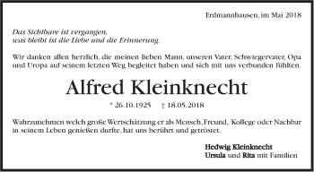 Traueranzeige von Alfred Kleinknecht von Marbacher Zeitung