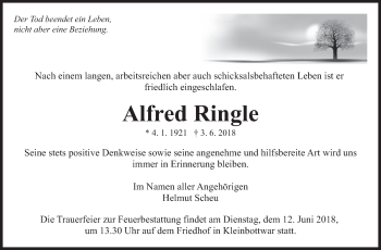 Traueranzeige von Alfred Ringle von Marbacher Zeitung