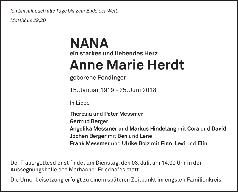  Traueranzeige für Anne Marie Herdt vom 29.06.2018 aus Marbacher Zeitung