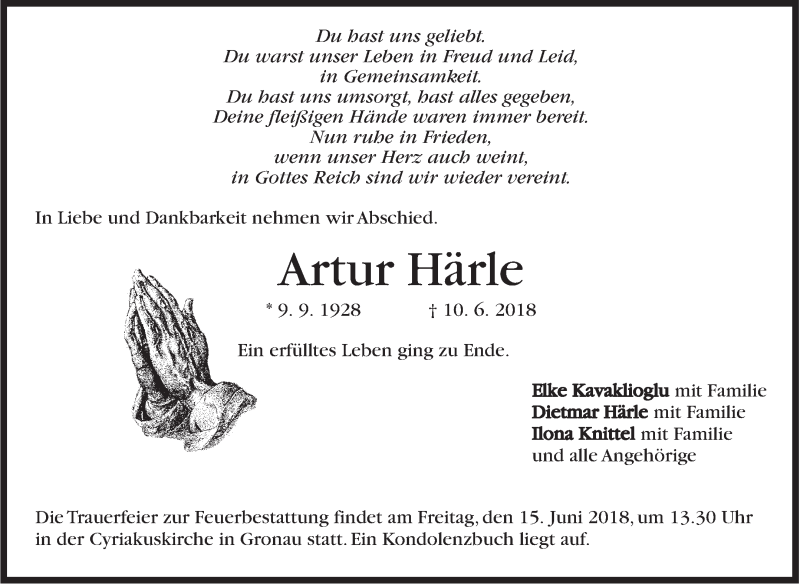  Traueranzeige für Artur Härle vom 12.06.2018 aus Marbacher Zeitung