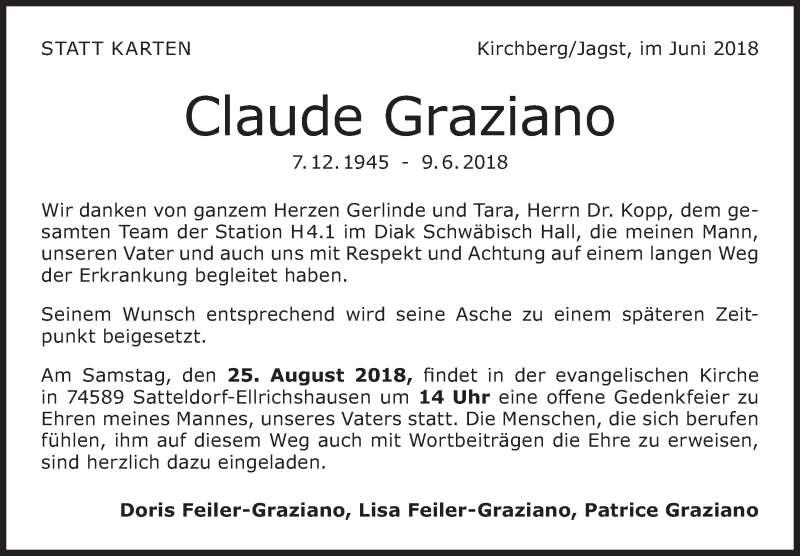  Traueranzeige für Claude Graziano vom 16.06.2018 aus Marbacher Zeitung