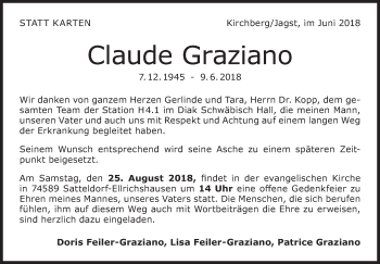 Traueranzeige von Claude Graziano von Marbacher Zeitung