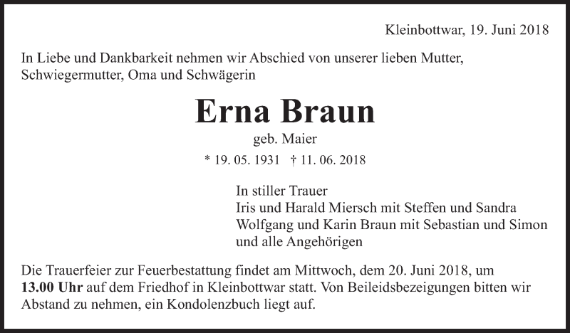  Traueranzeige für Erna Braun vom 19.06.2018 aus Marbacher Zeitung