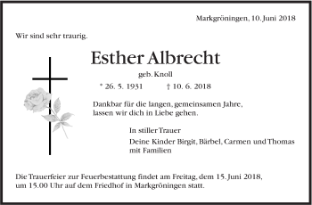 Traueranzeige von Esther Albrecht von Marbacher Zeitung