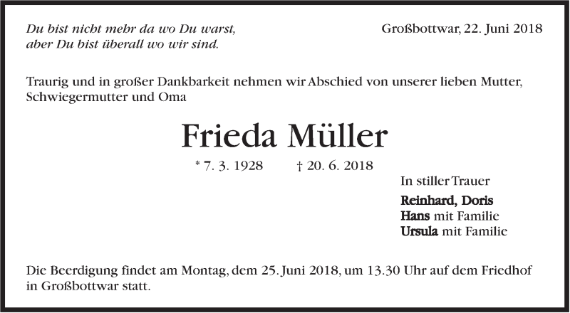  Traueranzeige für Frieda Müller vom 22.06.2018 aus Marbacher Zeitung