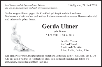 Traueranzeige von Gerda Ulmer von Marbacher Zeitung