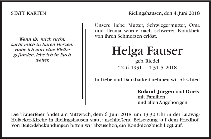  Traueranzeige für Helga Fauser vom 04.06.2018 aus Marbacher Zeitung