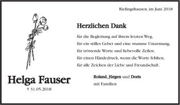 Traueranzeige von Helga Fauser von Marbacher Zeitung