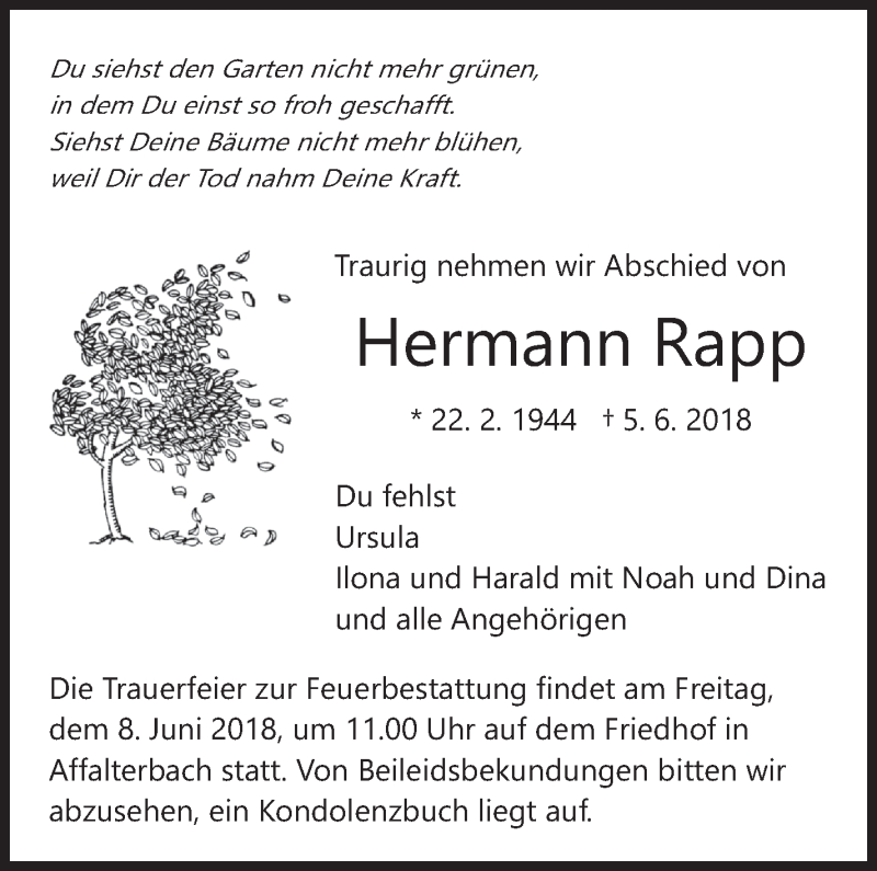  Traueranzeige für Hermann Rapp vom 07.06.2018 aus Marbacher Zeitung