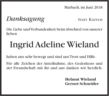 Traueranzeige von Ingrid Adeline Wieland von Marbacher Zeitung