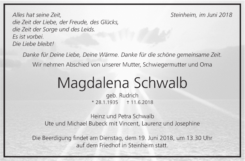  Traueranzeige für Magdalena Schwalb vom 15.06.2018 aus Marbacher Zeitung