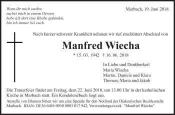Traueranzeige von Manfred Wiecha von Marbacher Zeitung