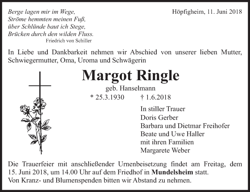  Traueranzeige für Margot Ringle vom 11.06.2018 aus Marbacher Zeitung