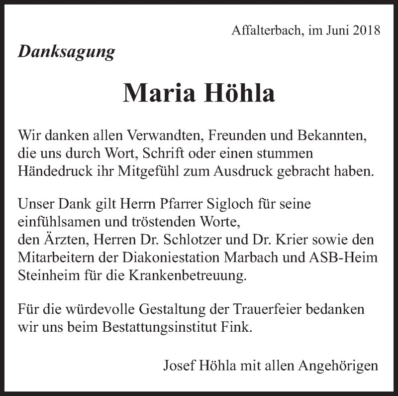  Traueranzeige für Maria Höhla vom 09.06.2018 aus Marbacher Zeitung