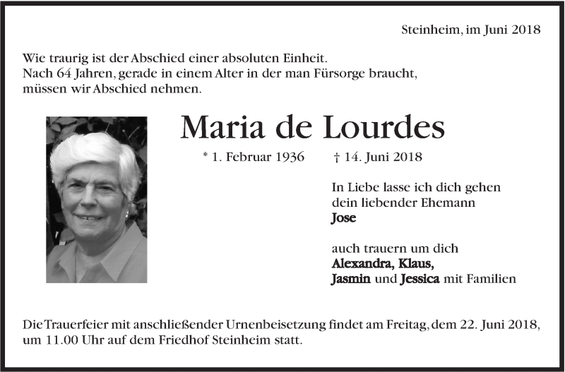  Traueranzeige für Maria de Lourdes vom 20.06.2018 aus Marbacher Zeitung