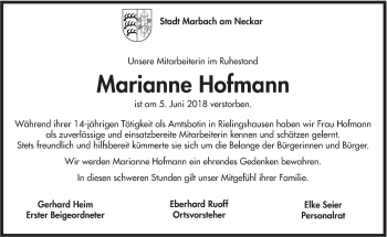 Traueranzeige von Marianne Hofmann von Marbacher Zeitung