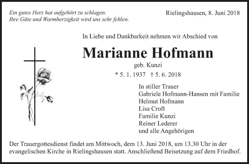 Traueranzeige für Marianne Hofmann vom 08.06.2018 aus Marbacher Zeitung