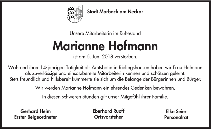  Traueranzeige für Marianne Hofmann vom 09.06.2018 aus Marbacher Zeitung