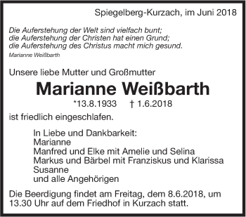 Traueranzeige von Marianne Weißbarth von Marbacher Zeitung