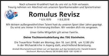Traueranzeige von Romulus Revisz von Marbacher Zeitung