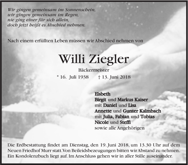  Traueranzeige für Willi Ziegler vom 16.06.2018 aus Marbacher Zeitung