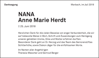 Traueranzeige von Anne Marie Herdt von Marbacher Zeitung
