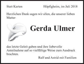 Traueranzeige von Gerda Ulmer von Marbacher Zeitung