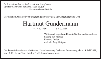 Traueranzeige von Hartmut Gundermann von Marbacher Zeitung
