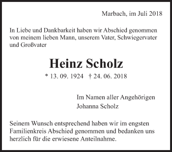 Traueranzeige von Heinz Scholz von Marbacher Zeitung