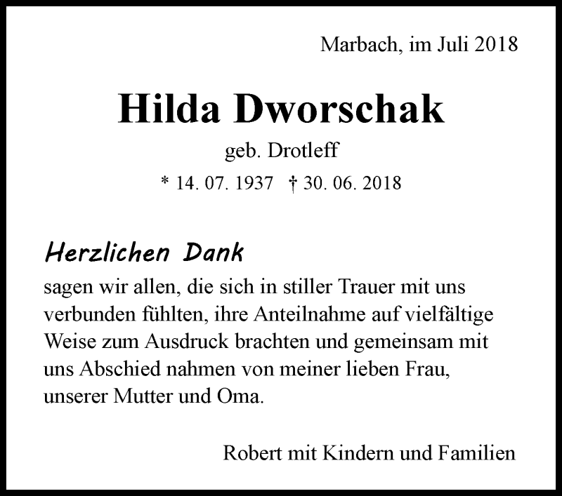  Traueranzeige für Hilda Dworschak vom 12.07.2018 aus Marbacher Zeitung