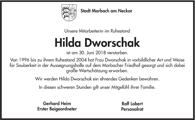  Traueranzeige für Hilda Dworschak vom 05.07.2018 aus Marbacher Zeitung