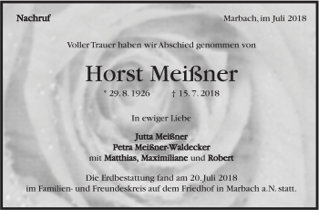 Traueranzeige von Horst Meißner von Marbacher Zeitung