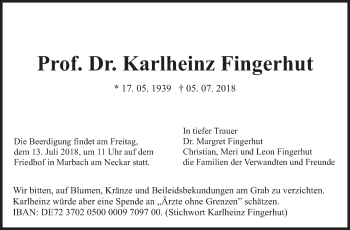 Traueranzeige von Karlheinz Fingerhut von Marbacher Zeitung