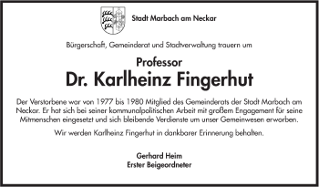 Traueranzeige von Karlheinz Fingerhut von Marbacher Zeitung