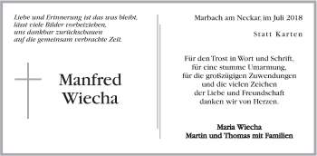 Traueranzeige von Manfred Wiecha von Marbacher Zeitung