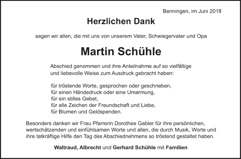  Traueranzeige für Martin Schühle vom 06.07.2018 aus Marbacher Zeitung