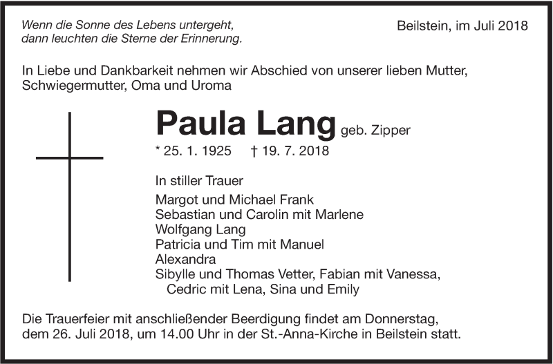  Traueranzeige für Paula Lang vom 24.07.2018 aus Marbacher Zeitung