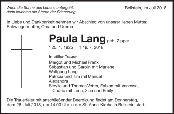 Traueranzeige von Paula Lang von Marbacher Zeitung
