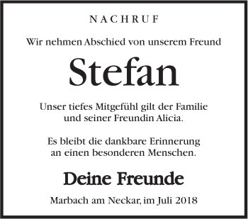 Traueranzeige von Stefan Schibisch von Marbacher Zeitung