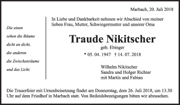 Traueranzeige von Traude Nikitscher von Marbacher Zeitung