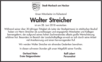 Traueranzeige von Walter Streicher von Marbacher Zeitung