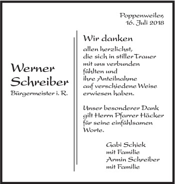 Traueranzeige von Werner Schreiber von Marbacher Zeitung