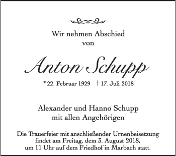 Traueranzeige von Anton Schupp von Marbacher Zeitung