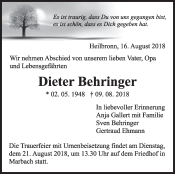 Traueranzeige von Dieter Behringer von Marbacher Zeitung