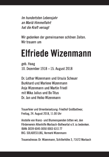 Traueranzeige von Elfriede Wizenmann von Marbacher Zeitung