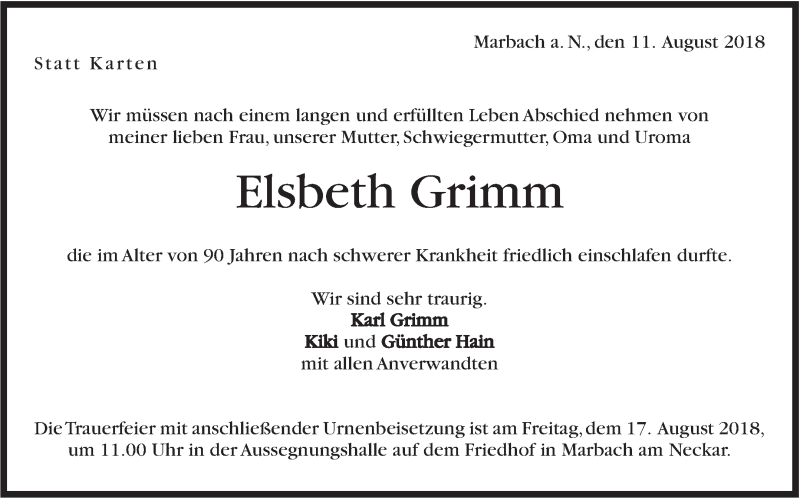  Traueranzeige für Elsbeth Grimm vom 11.08.2018 aus Marbacher Zeitung